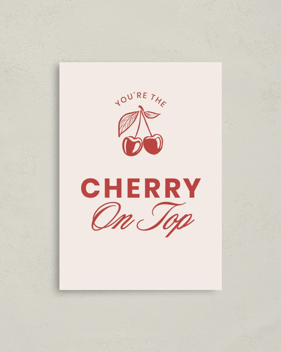 This is a 4" x 5.6" Newlywed called Cherry on Top printed in full color on Soft Touch Finish paper