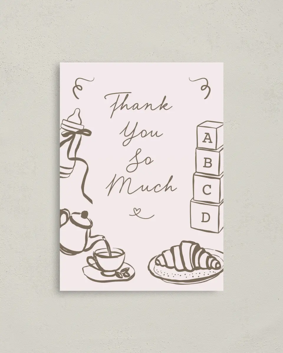 This is a 4" x 5.6" Graduation Thank You Postcard called Cafe Bebe printed in full color on Soft Touch Finish paper