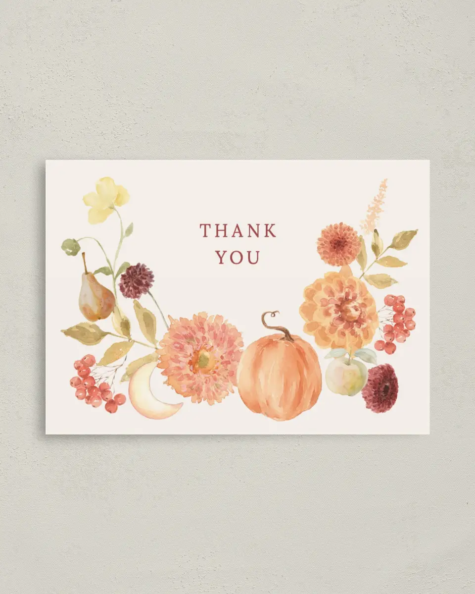 This is a 4" x 5.6" Graduation Thank You Postcard called Harvest Moon printed in full color with Rose Gold foil on Soft Touch Finish paper