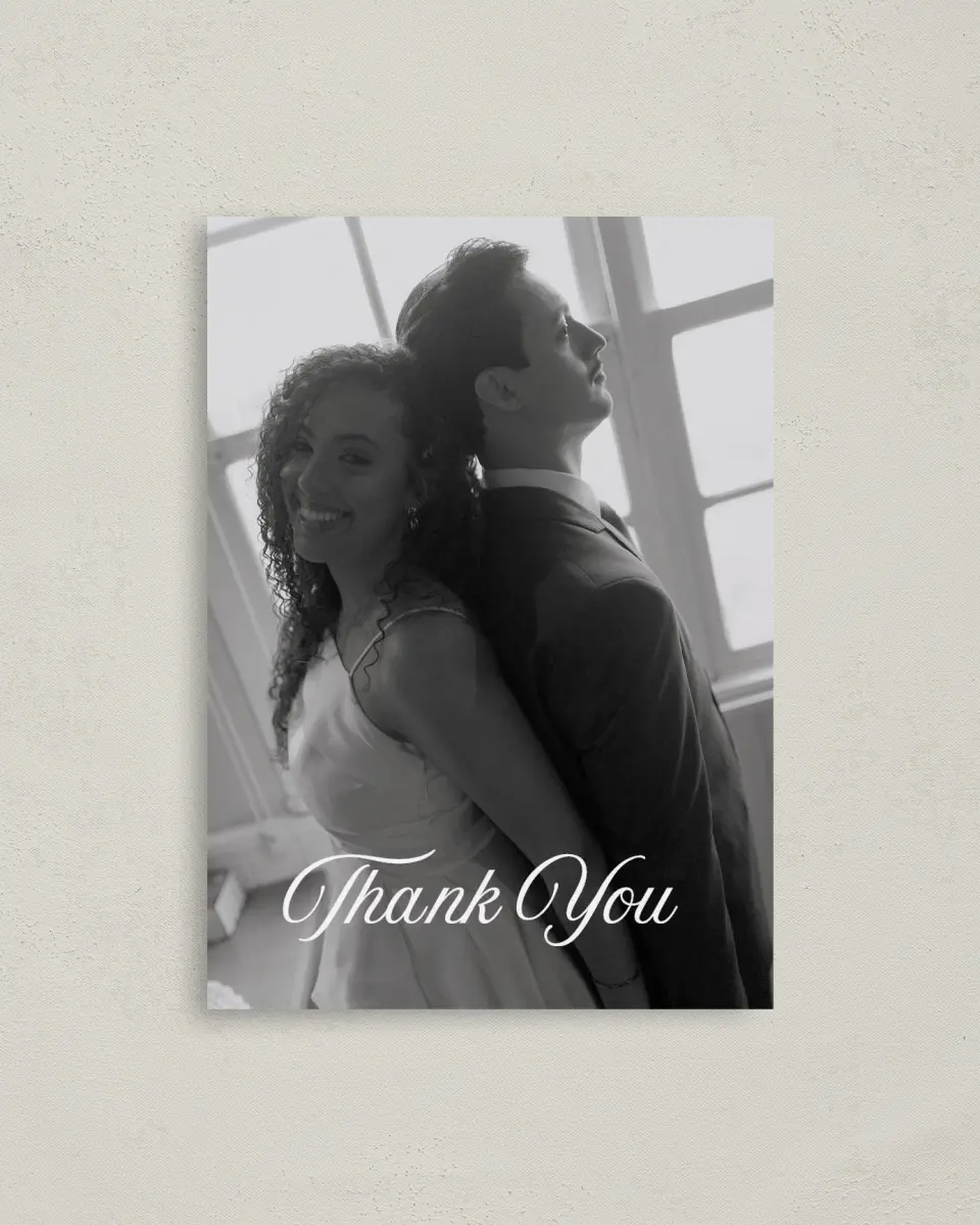 This is a 4" x 5.6" Thank You Postcard called The Mallory printed in full color on Soft Touch Finish paper