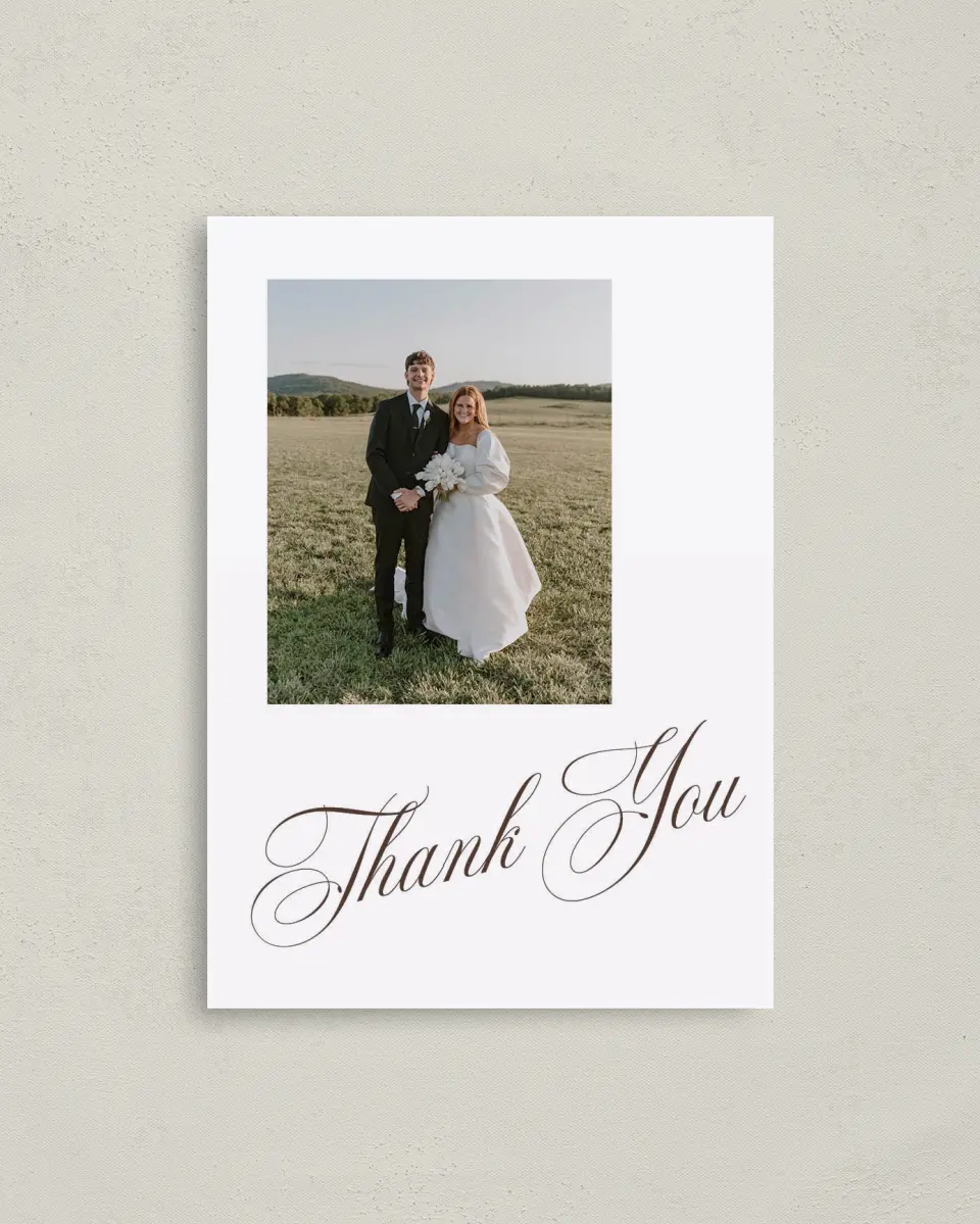 This is a 4" x 5.6" Thank You Postcard called The Isabelle printed in full color on Soft Touch Finish paper