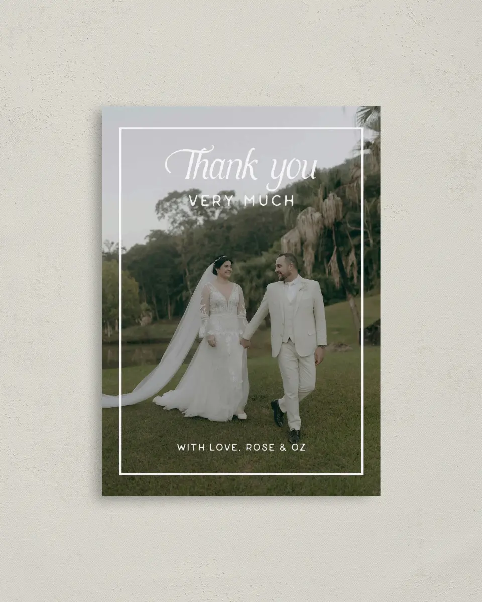 This is a 4" x 5.6" Thank You Postcard called The Rosemary printed in full color with Rose Gold foil on Soft Touch Finish paper