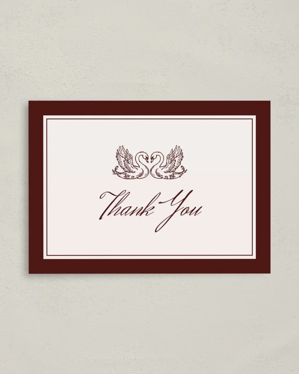 This is a 4" x 5.6" Thank You Postcard called Swan Song printed in full color on Soft Touch Finish paper