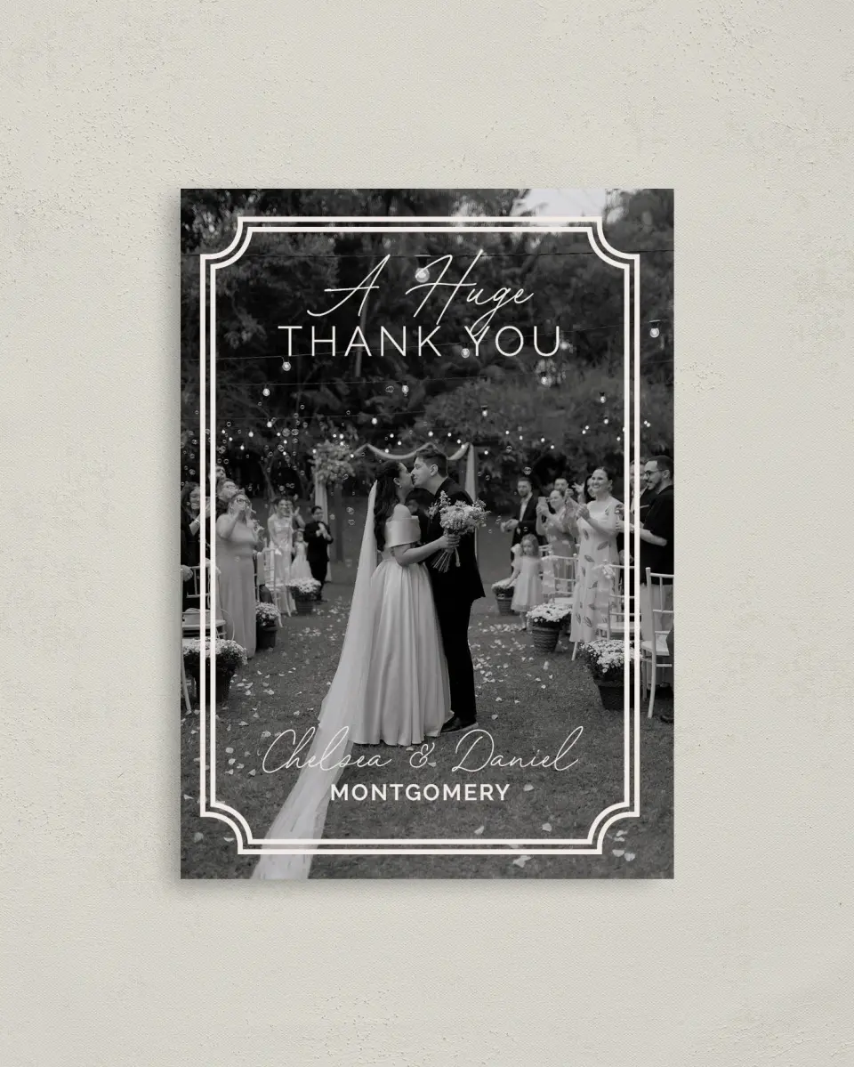 This is a 4" x 5.6" Thank You Postcard called The Chelsea printed in full color on Soft Touch Finish paper