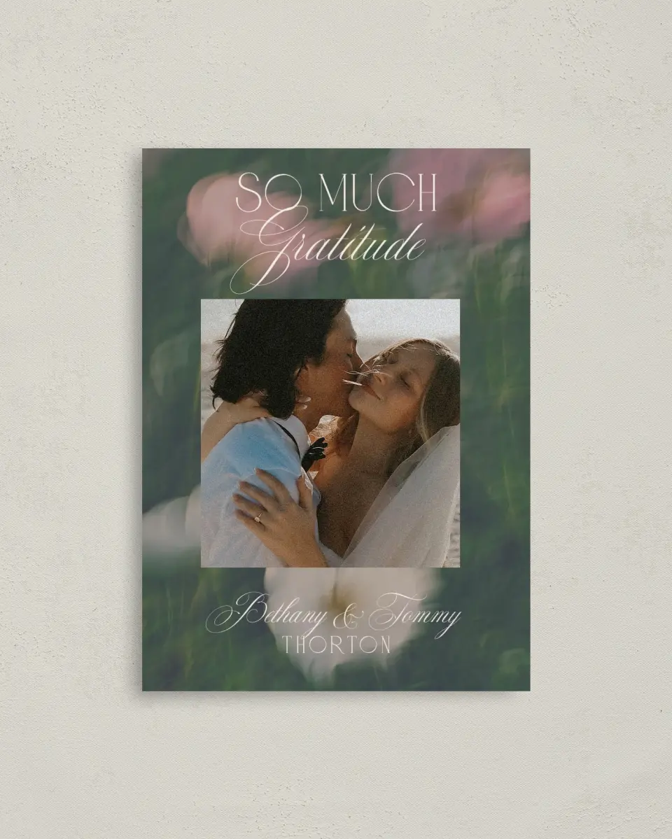 This is a 4" x 5.6" Thank You Postcard called The Bethany printed in full color on Soft Touch Finish paper