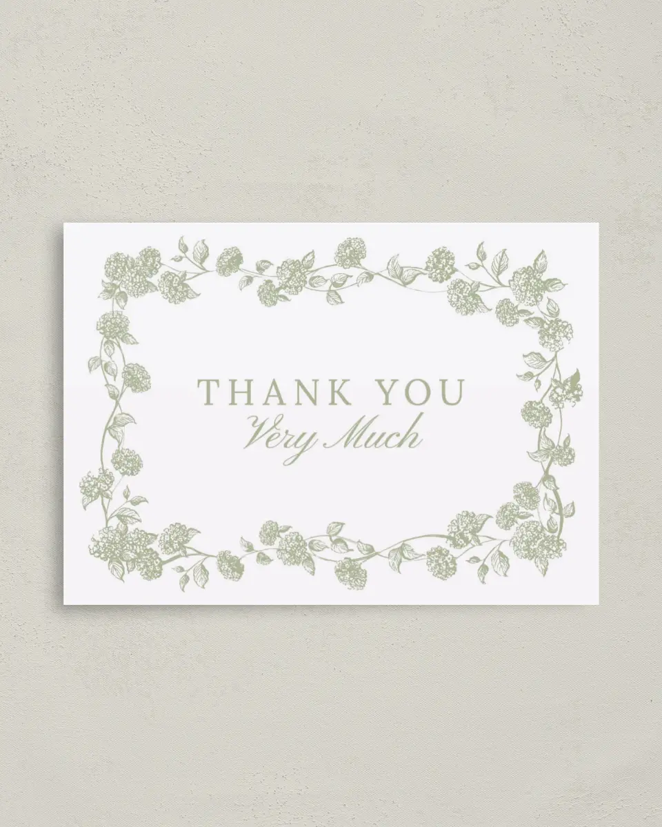 This is a 4" x 5.6" Thank You Postcard called Harmonious Hydrangea printed in full color on Soft Touch Finish paper