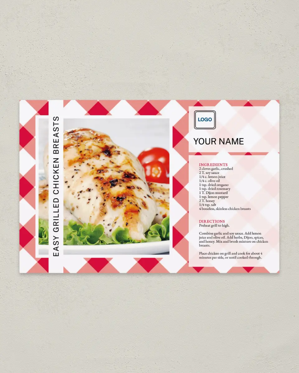 This is a 6" x 9" Postcard called Gingham Chicken printed in full color