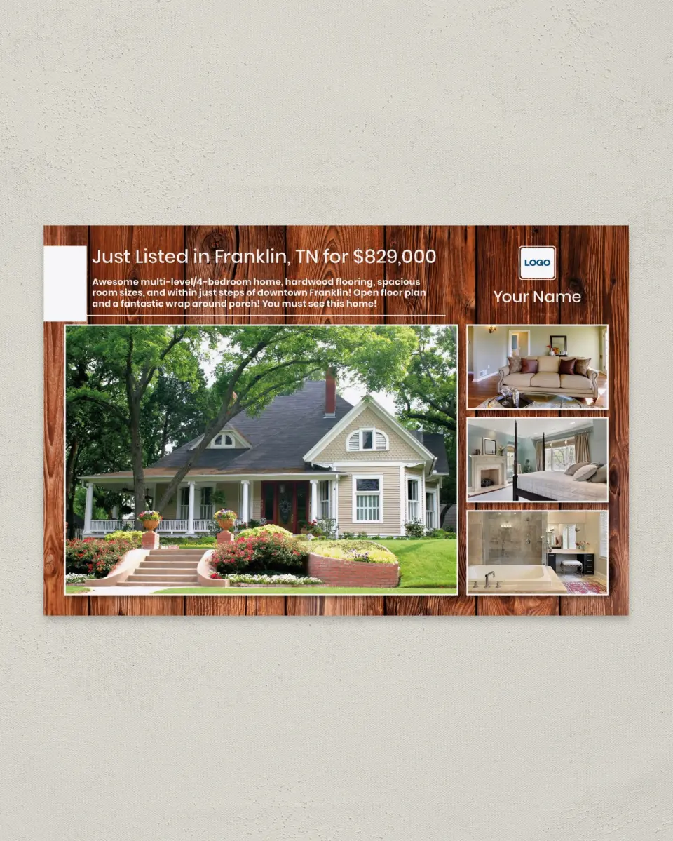 This is a 6" x 9" Postcard called Woodgrain Listing printed in full color