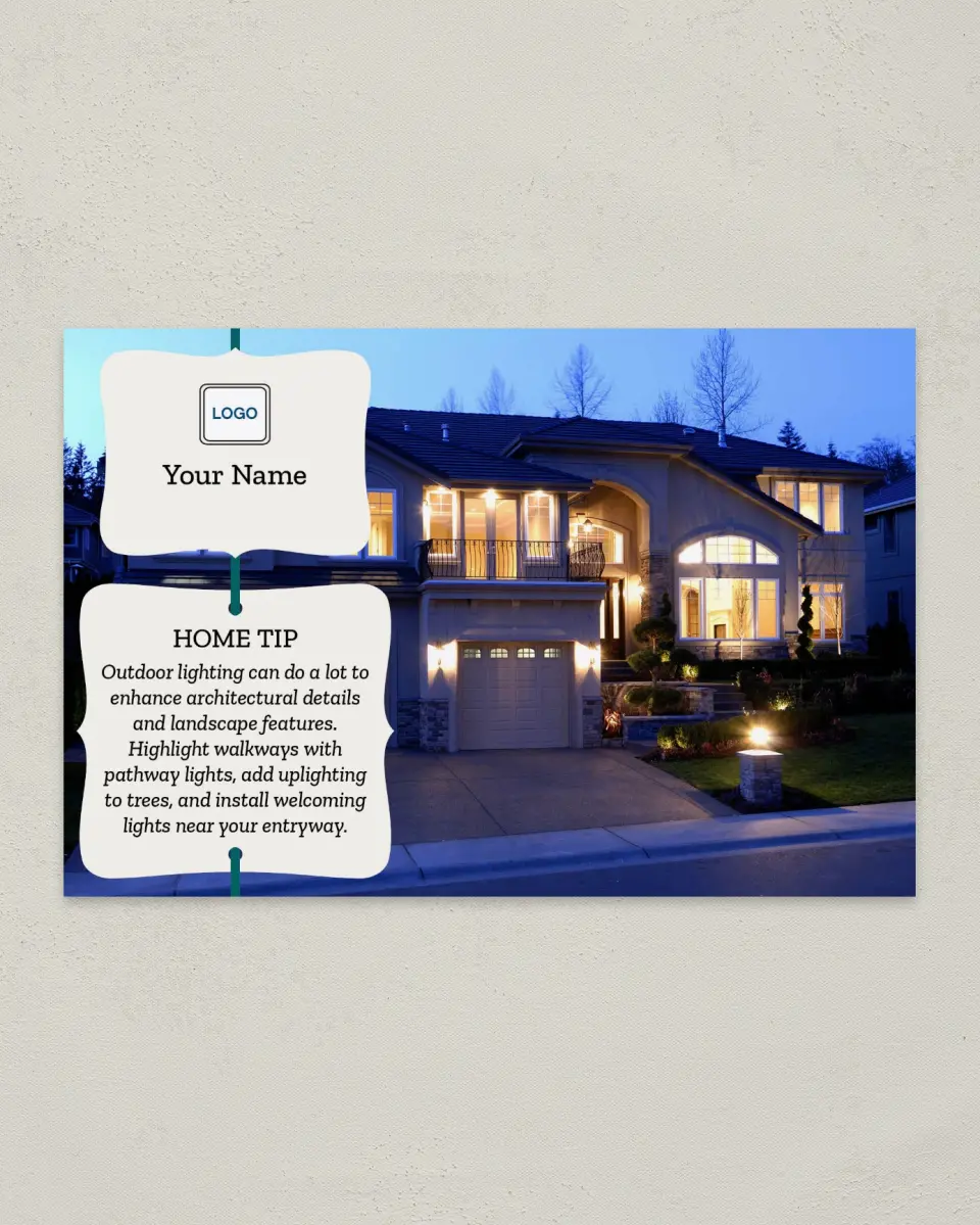 This is a 6" x 9" Postcard called Home Tip - Exterior Lighting printed in full color