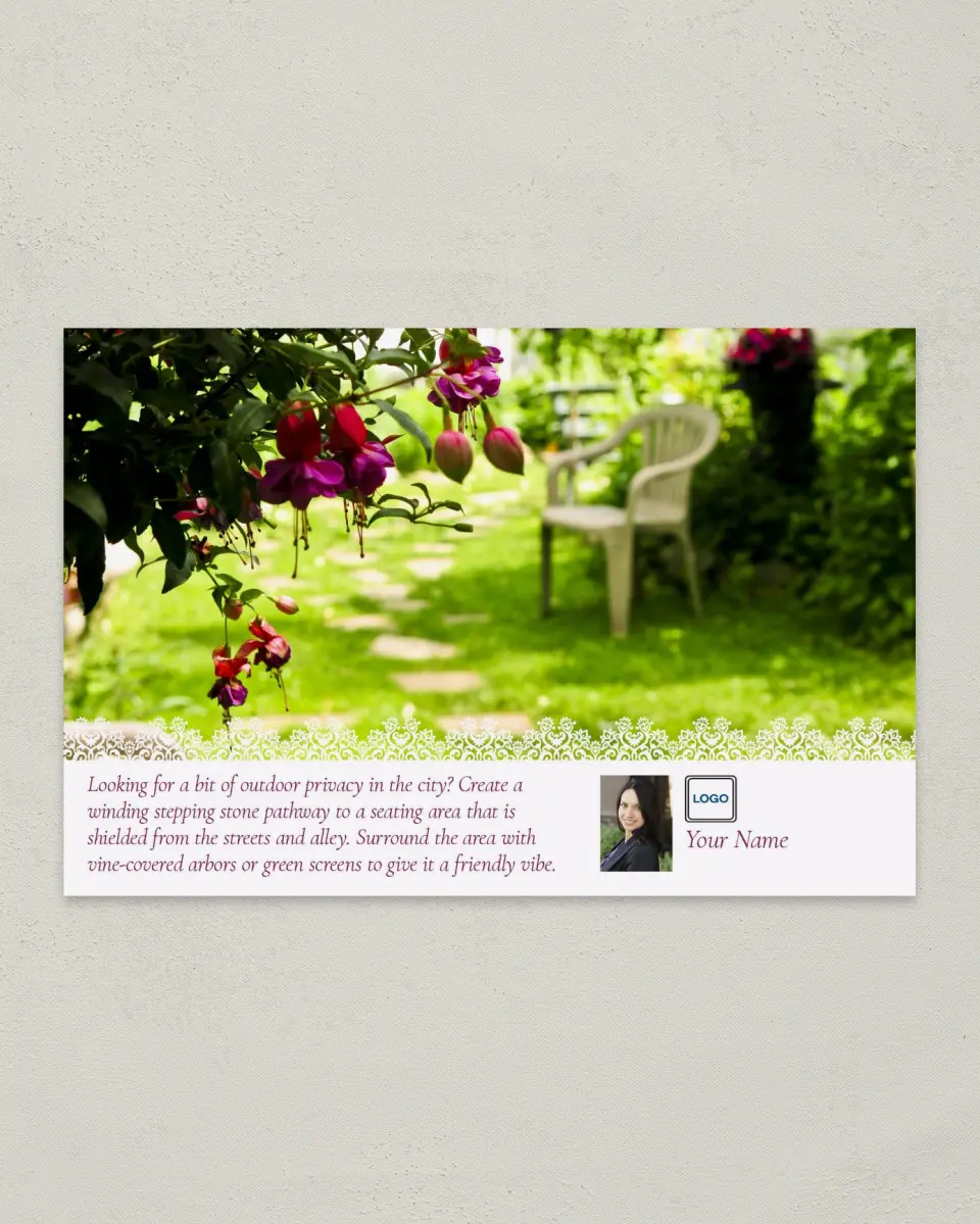 This is a 6" x 9" Postcard called Home Tip - Outdoor Serenity printed in full color