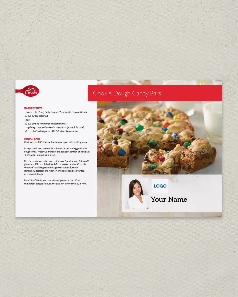 This is a 6" x 9" Postcard called Betty Crocker -  Cookie Dough Candy Bars printed in full color