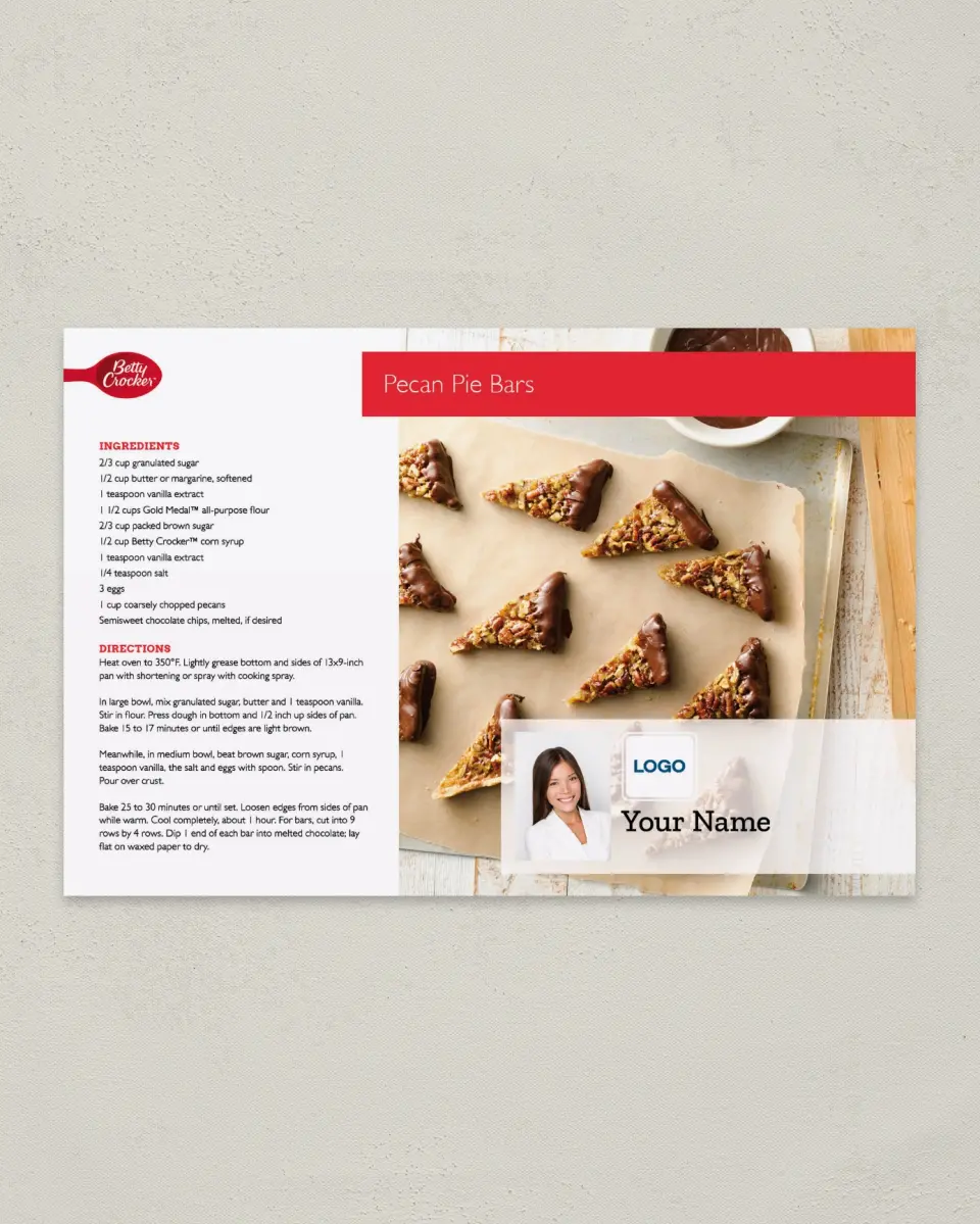 This is a 6" x 9" Postcard called Betty Crocker -  Pecan Pie Bars printed in full color
