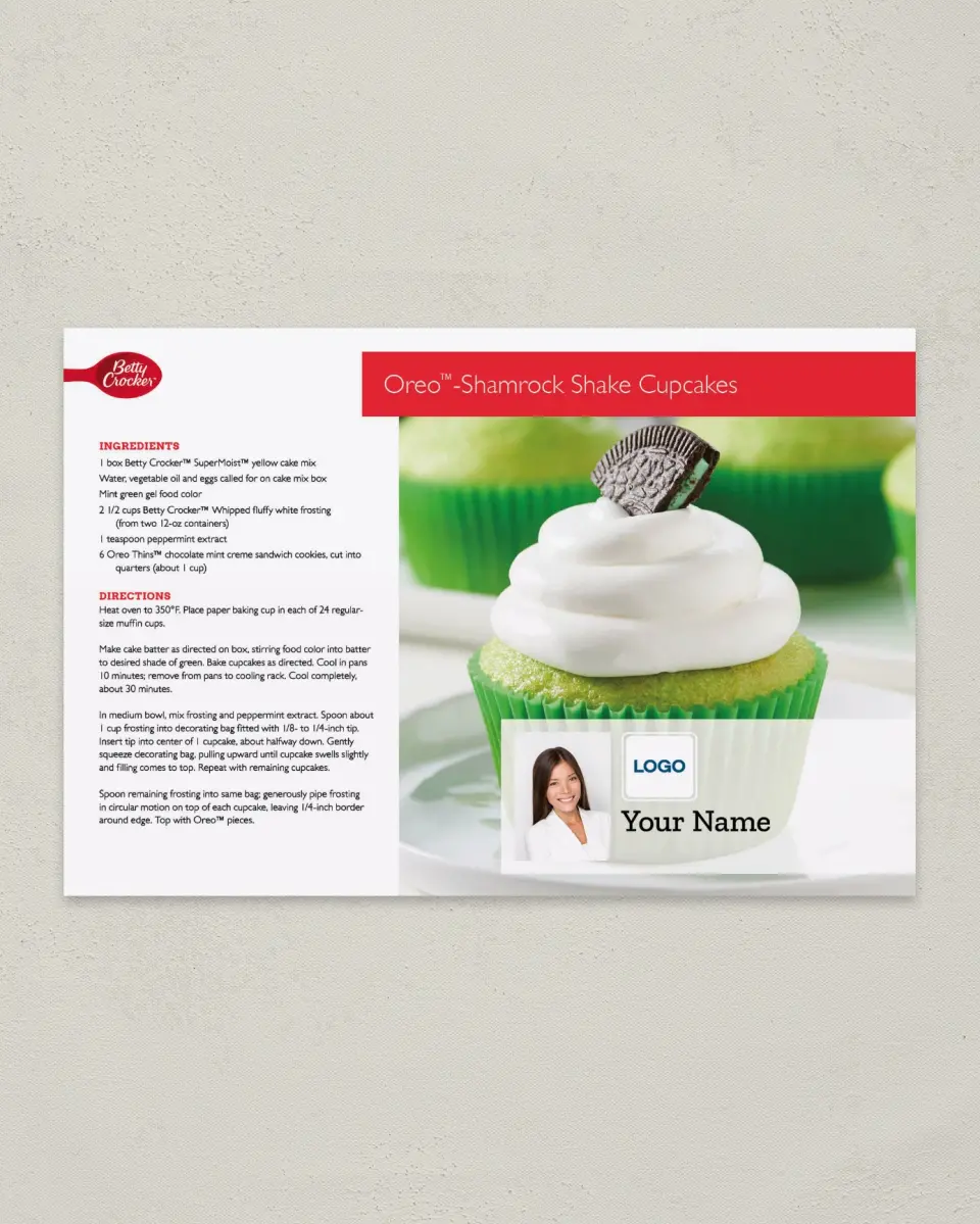 This is a 6" x 9" Postcard called Betty Crocker -  Oreo Shamrock Cupcakes printed in full color