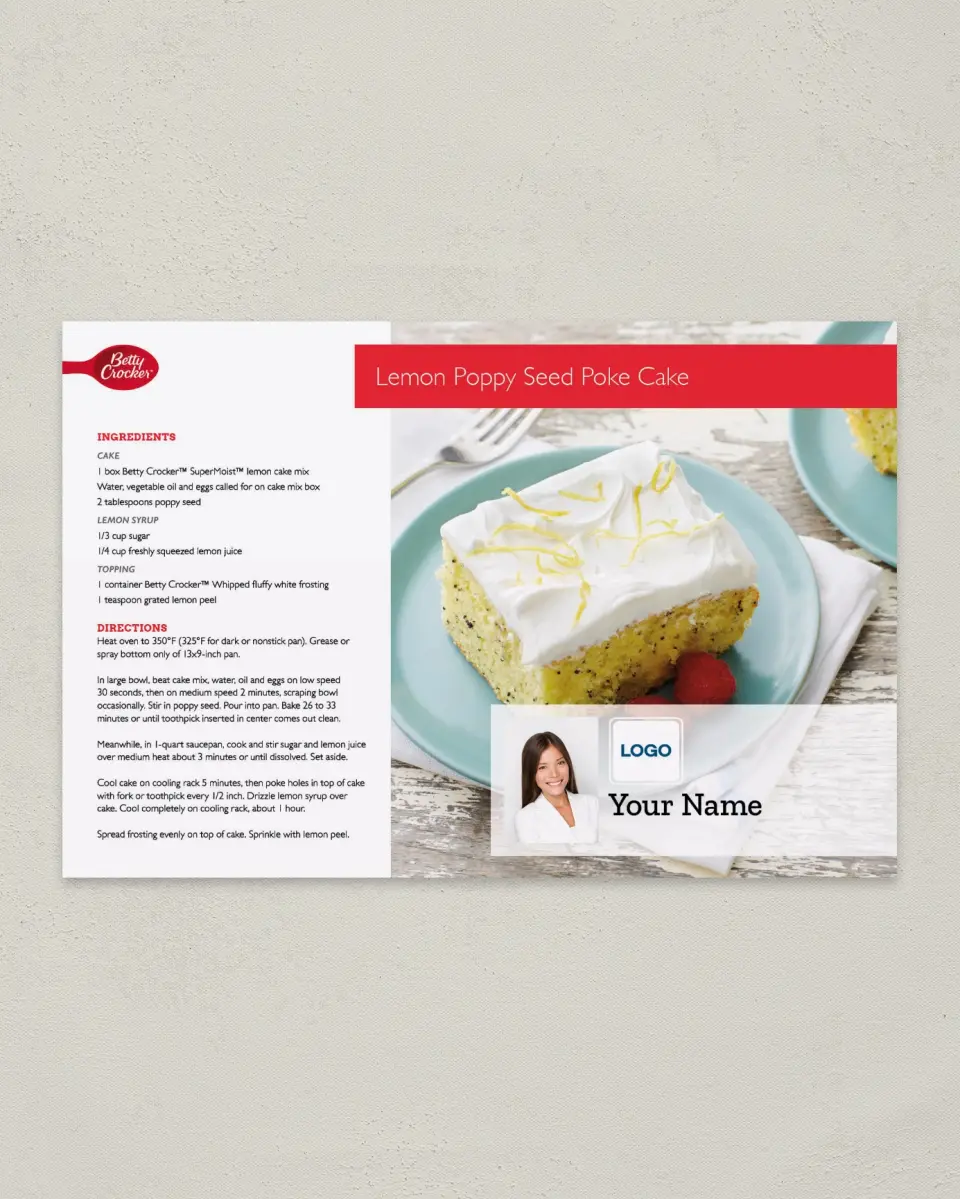 This is a 6" x 9" Postcard called Betty Crocker -  Lemon Poppy Seed Cake printed in full color