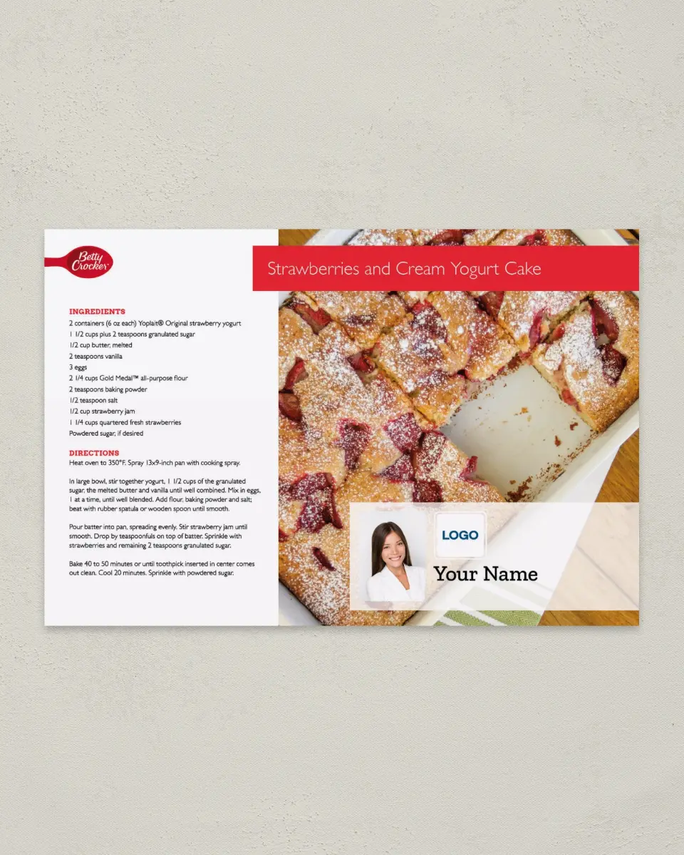 This is a 6" x 9" Postcard called Betty Crocker -  Strawberries and Cream Yogurt Cake printed in full color