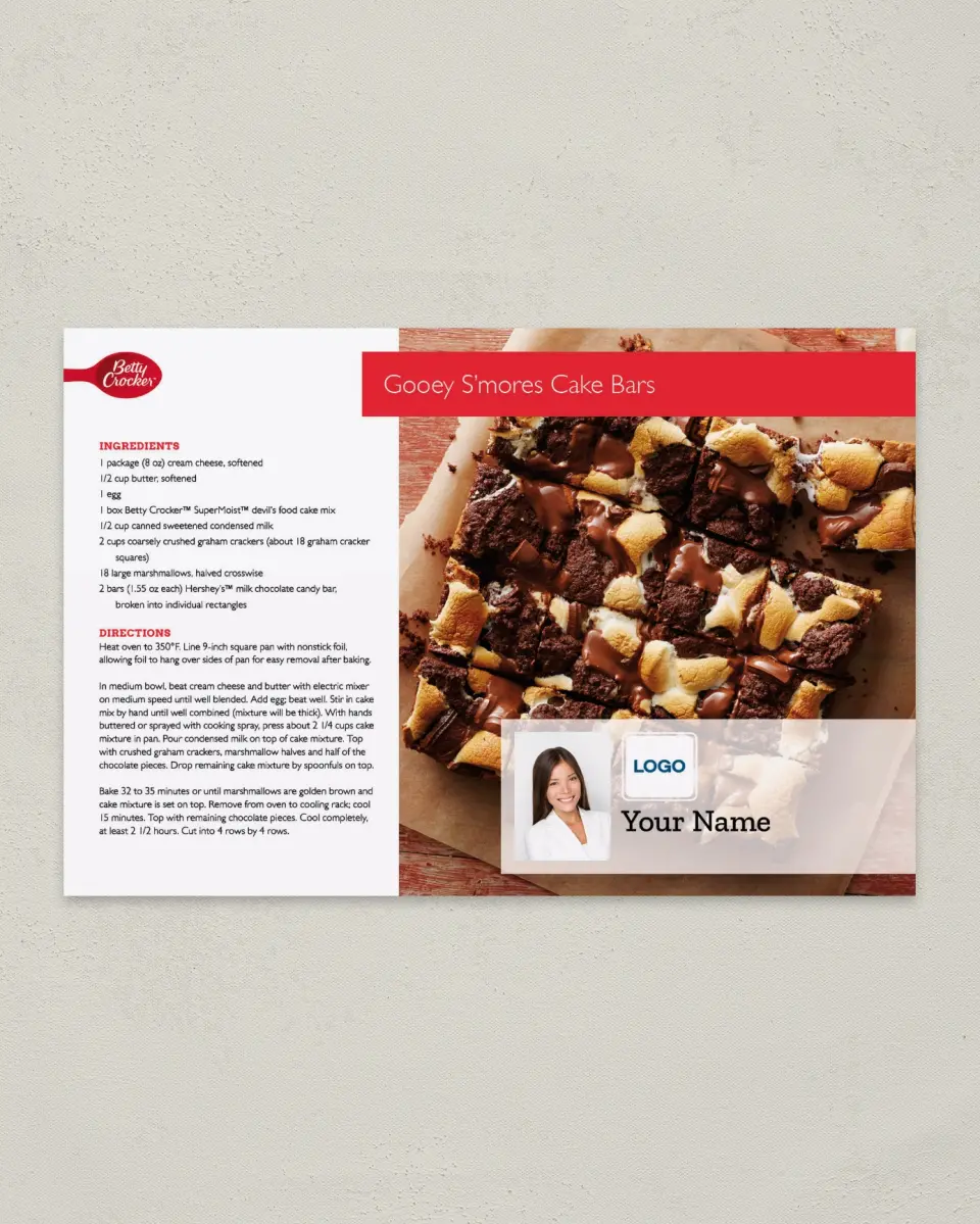 This is a 6" x 9" Postcard called Betty Crocker -  Gooey S'mores Cake Bars printed in full color