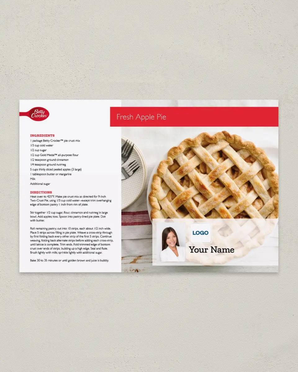 This is a 6" x 9" Postcard called Betty Crocker -  Fresh Apple Pie printed in full color