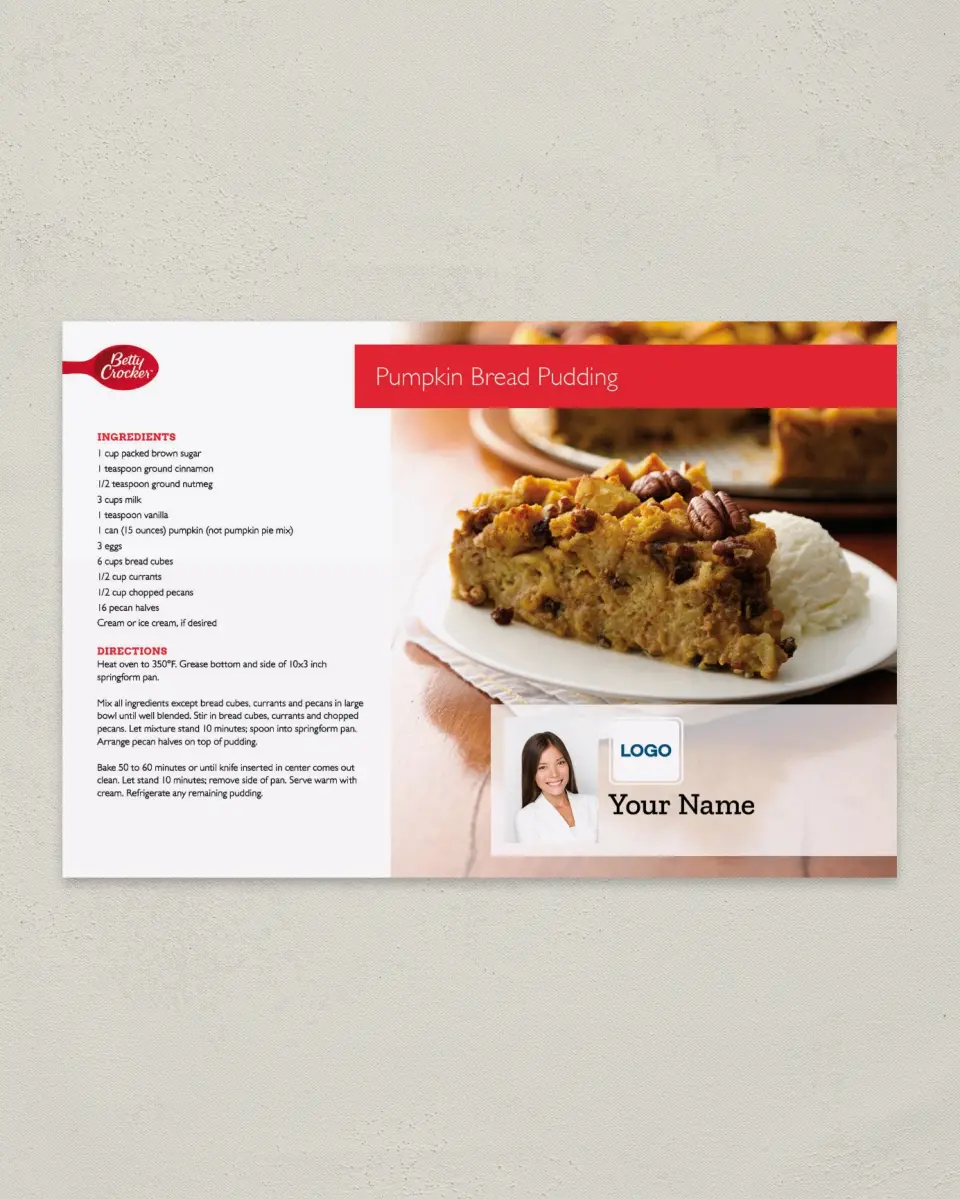 This is a 6" x 9" Postcard called Betty Crocker -  Pumpkin Bread Pudding printed in full color