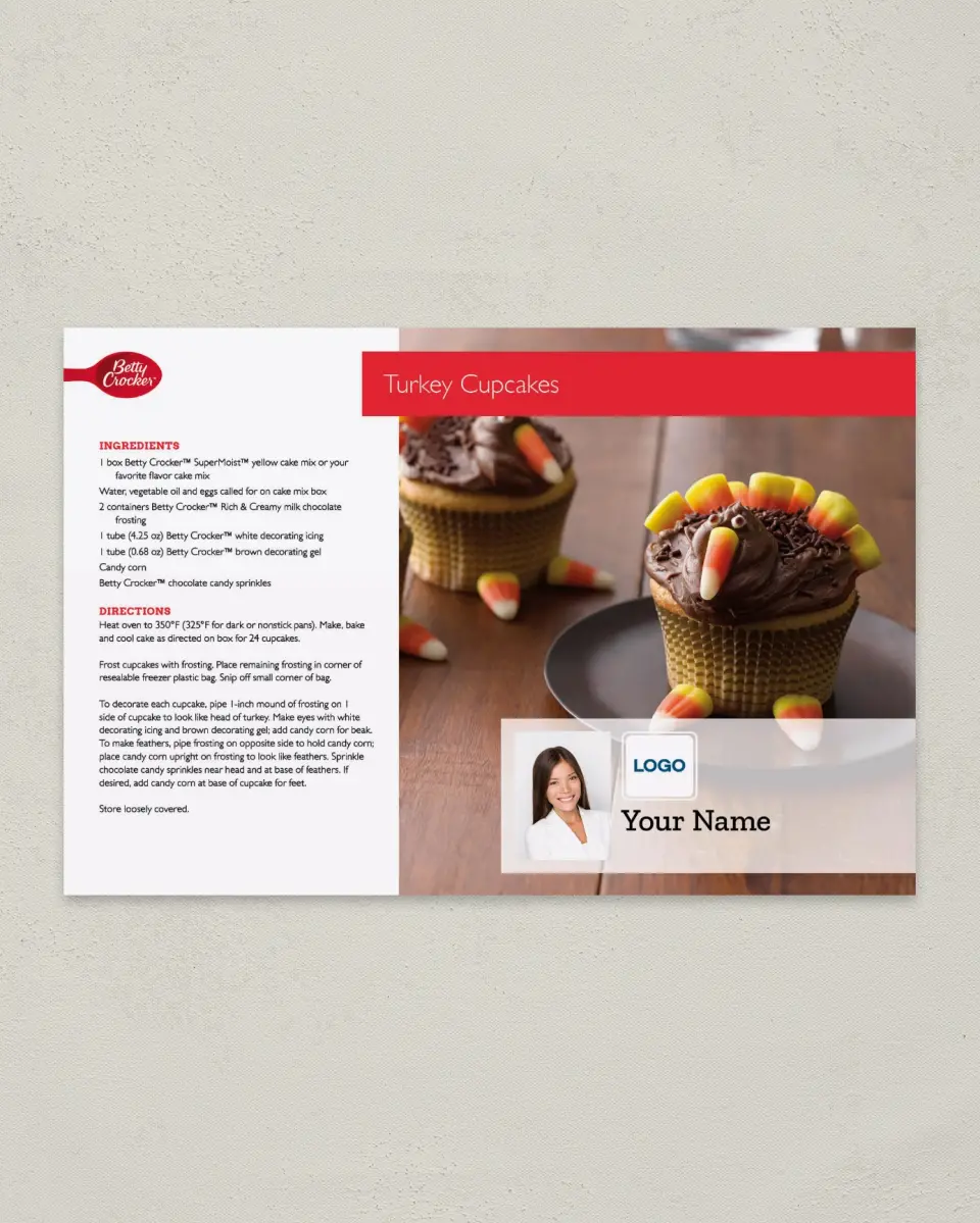 This is a 6" x 9" Postcard called Betty Crocker -  Turkey Cupcakes printed in full color