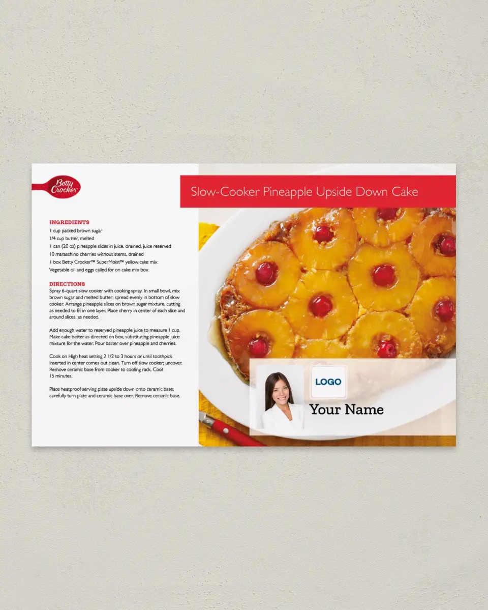 This is a 6" x 9" Postcard called Betty Crocker -  Upside Down Cake printed in full color