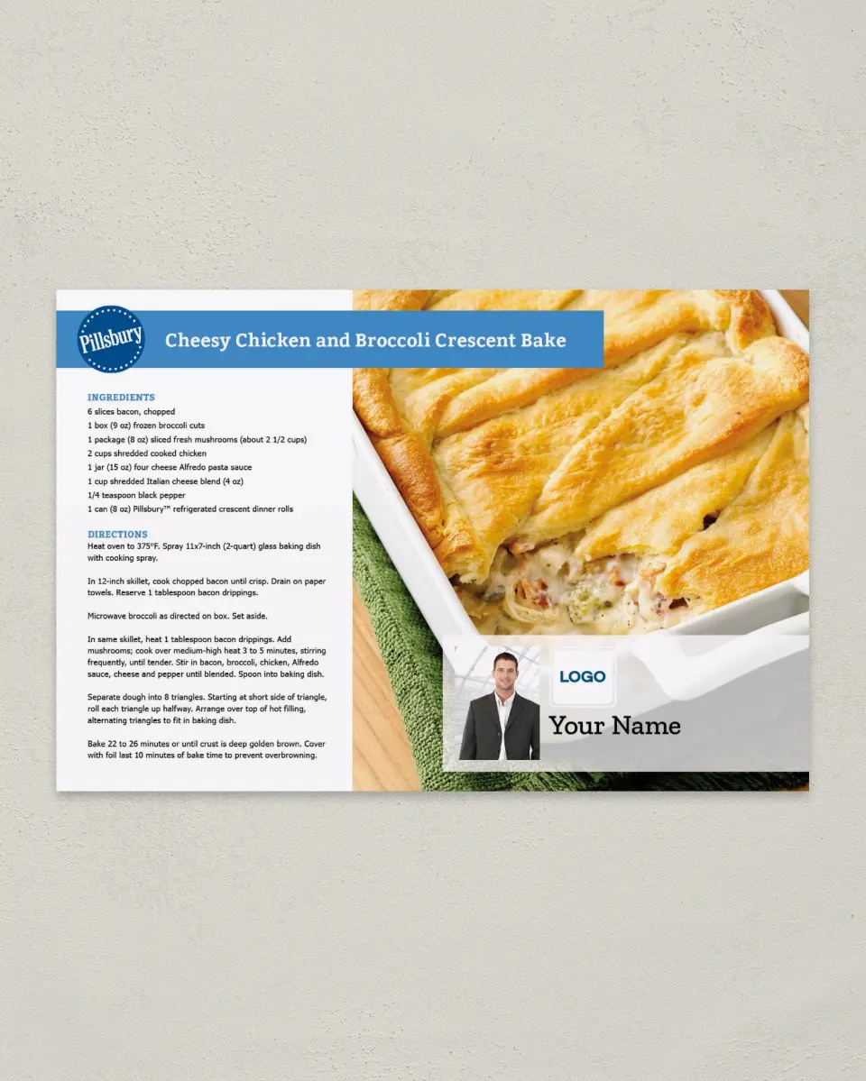 This is a 6" x 9" Postcard called Pillsbury -  Chicken and Broccoli Bake printed in full color
