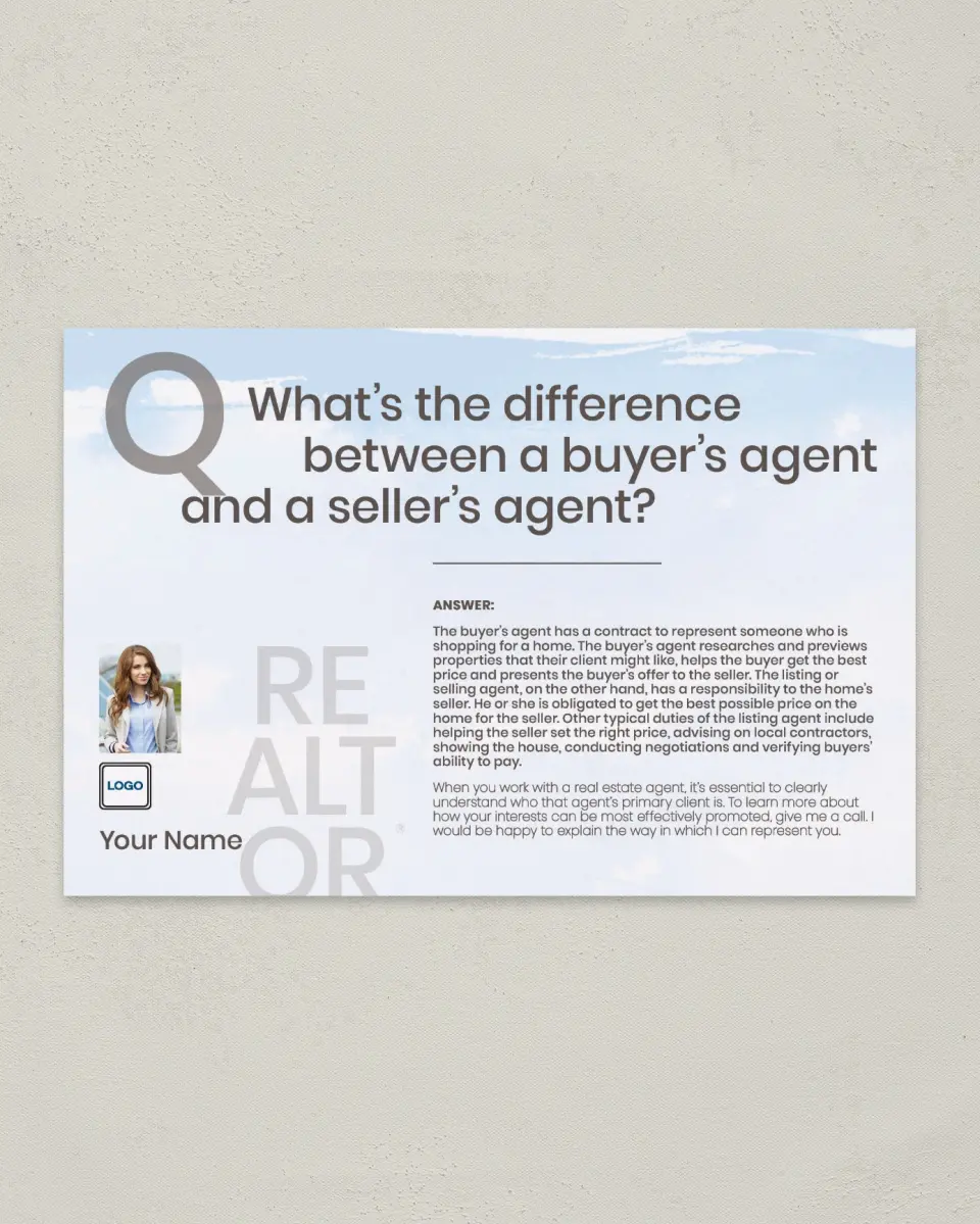 This is a 6" x 9" Postcard called Buying vs Selling Agent printed in full color