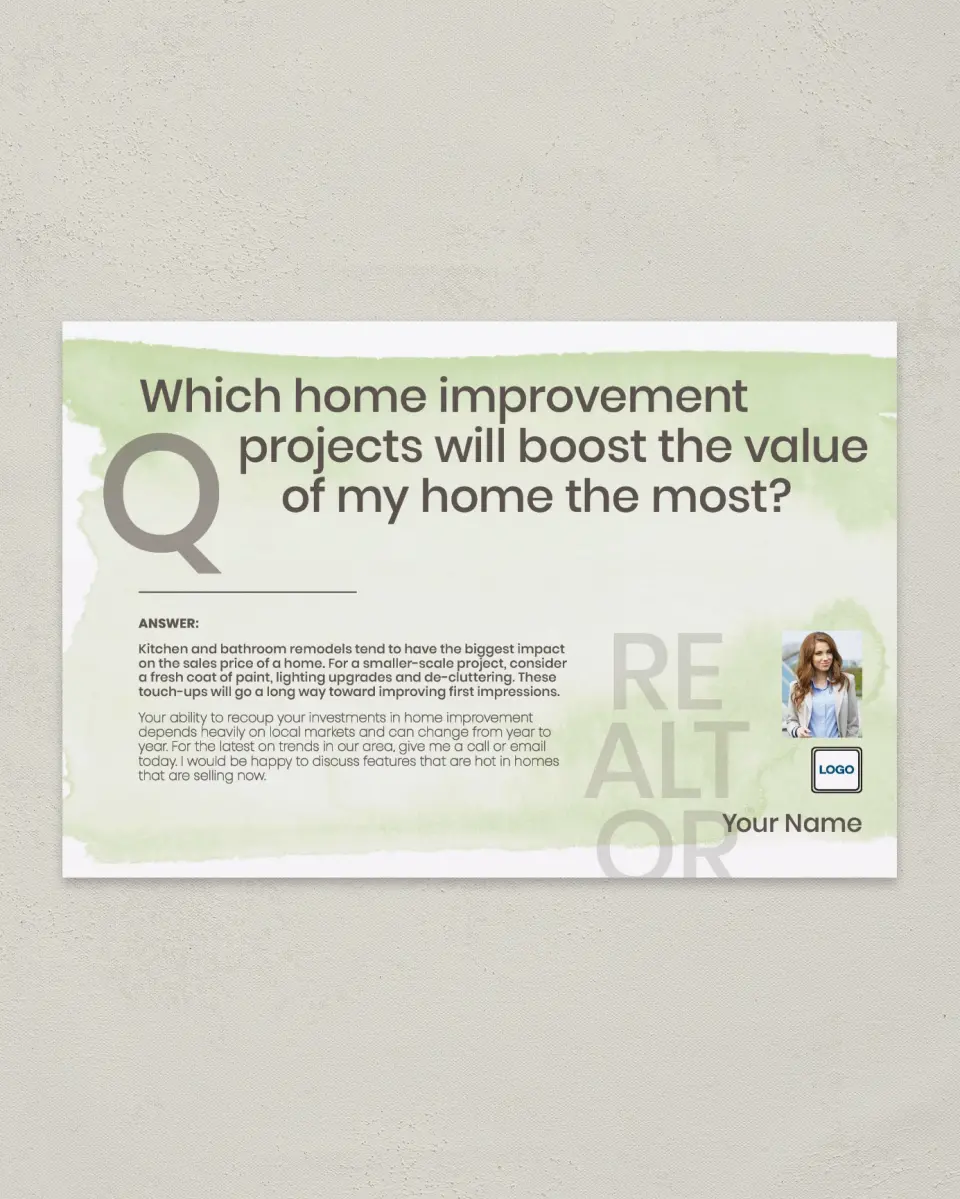 This is a 6" x 9" Postcard called Boost Home Value printed in full color