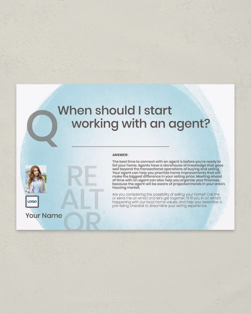 This is a 6" x 9" Postcard called Working with an Agent printed in full color