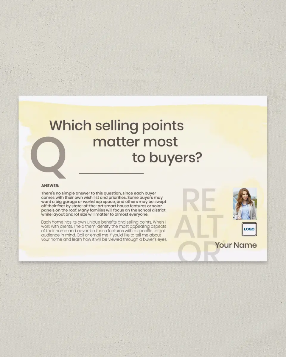 This is a 6" x 9" Postcard called Selling Points printed in full color