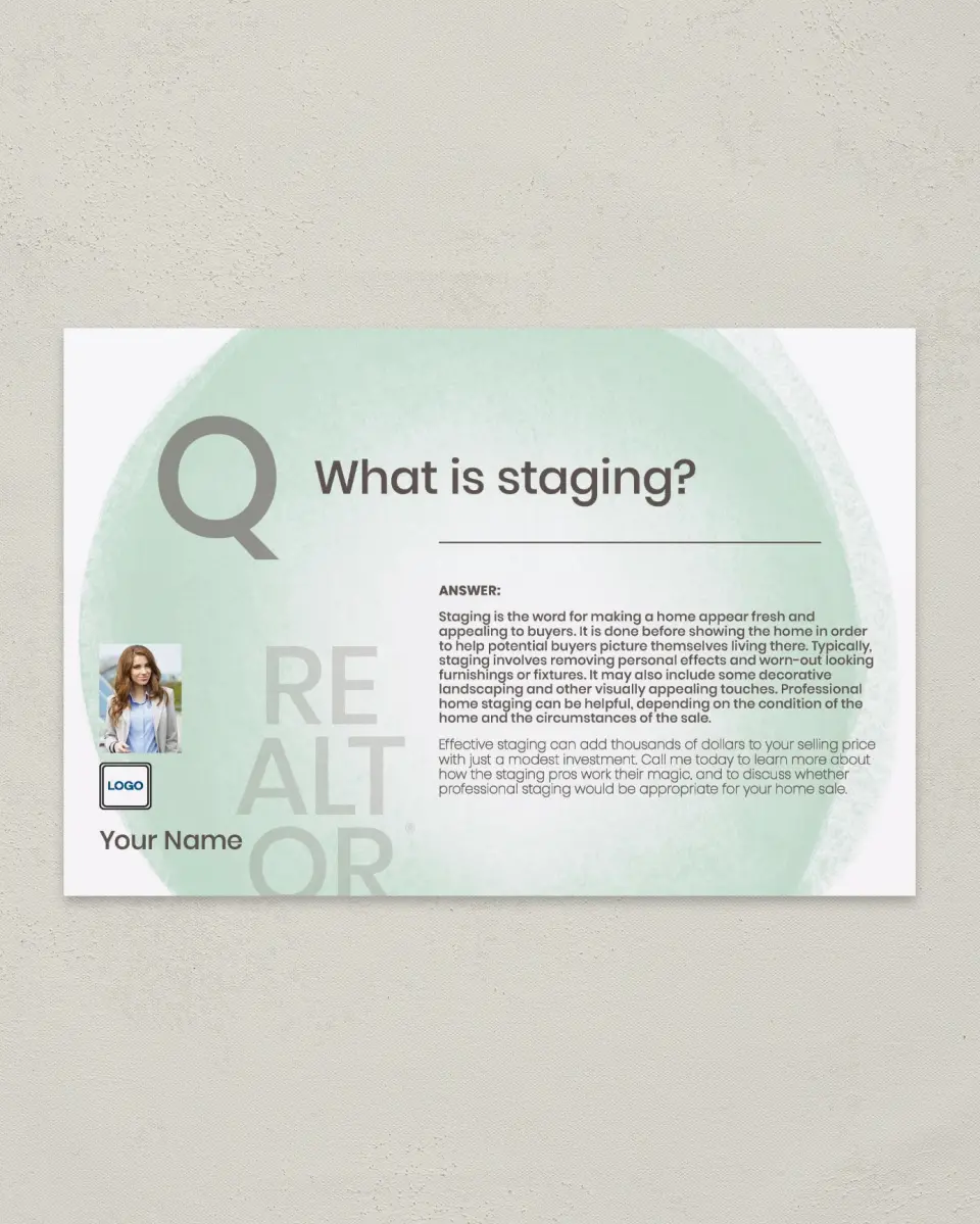 This is a 6" x 9" Postcard called Staging Matters printed in full color
