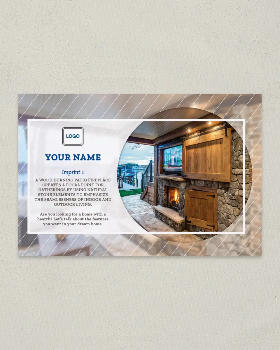 This is a 6" x 9" Postcard called Dream Spaces - Patio Fireplace printed in full color
