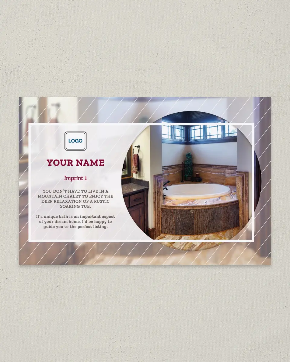 This is a 6" x 9" Postcard called Dream Spaces - Unique Bath printed in full color