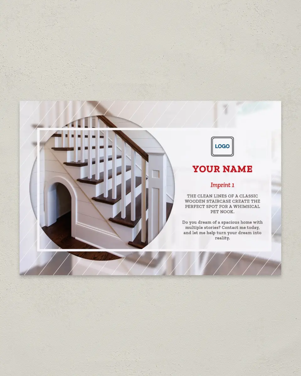 This is a 6" x 9" Postcard called Dream Spaces - Classic Staircase printed in full color