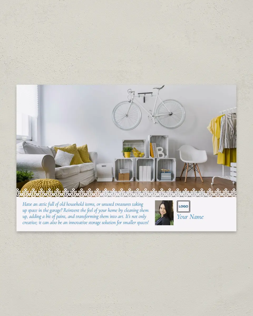 This is a 6" x 9" Postcard called Reinvent Decorating printed in full color