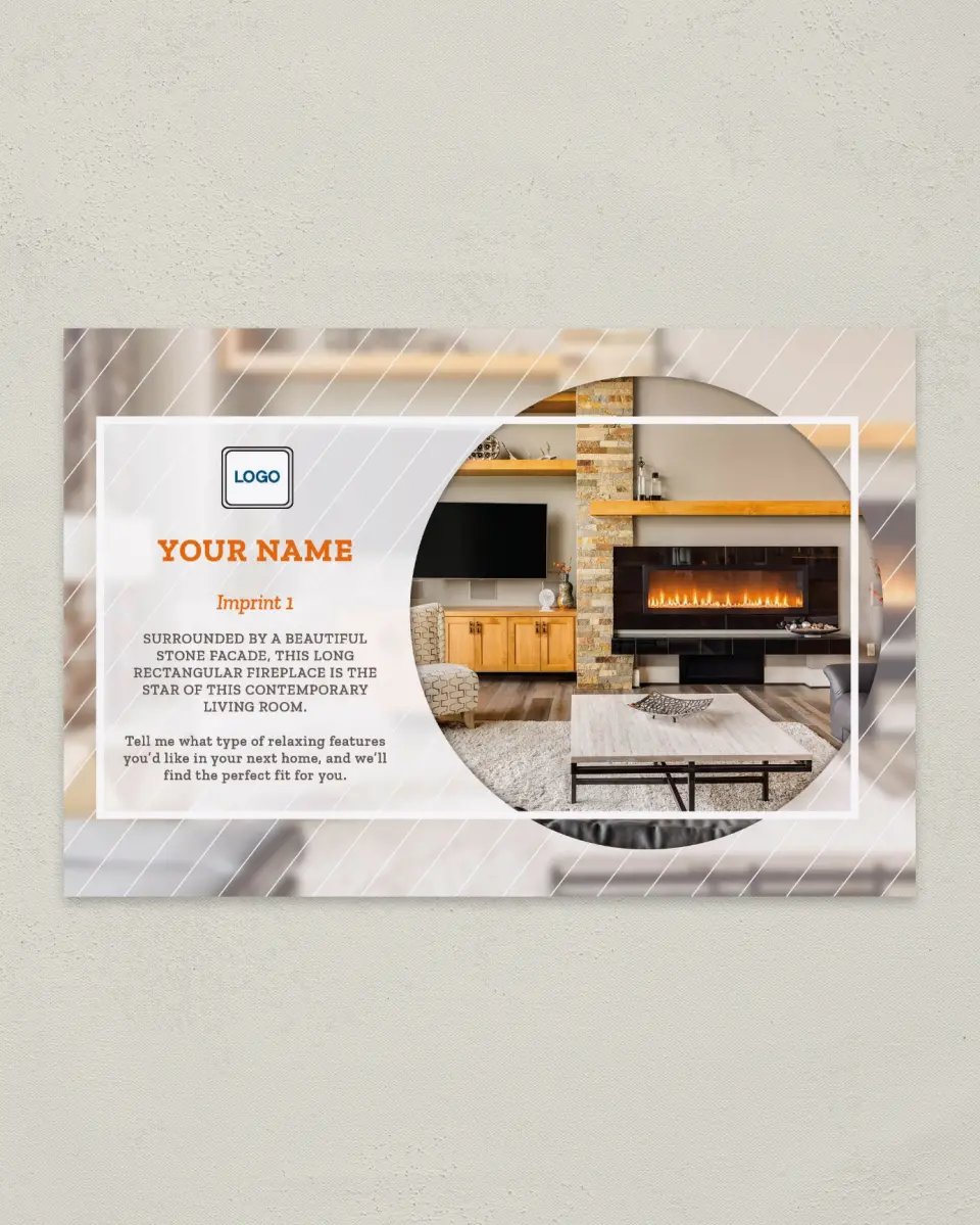 This is a 6" x 9" Postcard called Showcase Fireplace printed in full color