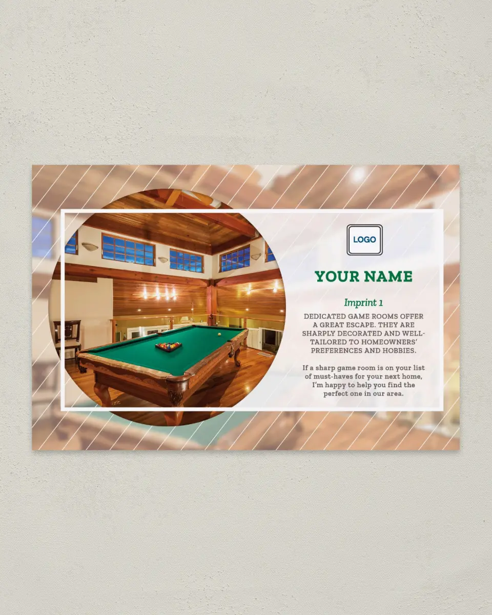 This is a 6" x 9" Postcard called Game Room Escape printed in full color