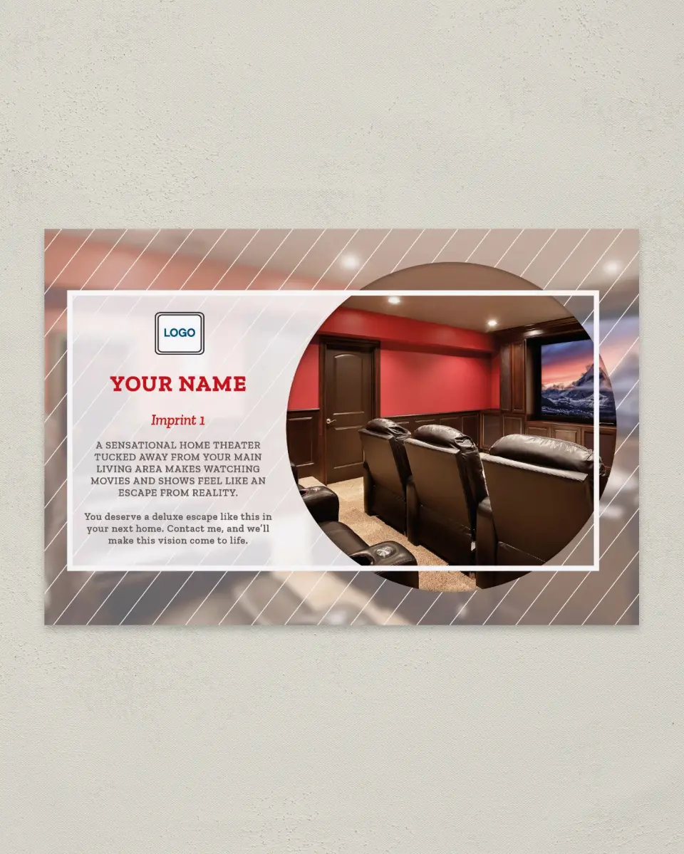 This is a 6" x 9" Postcard called Home Theater Retreat printed in full color