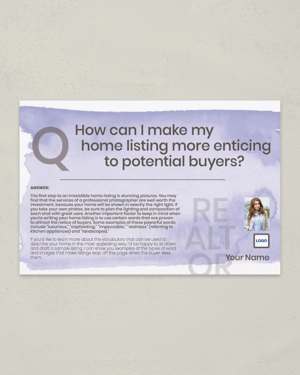 This is a 6" x 9" Postcard called Enticing Home Listing printed in full color