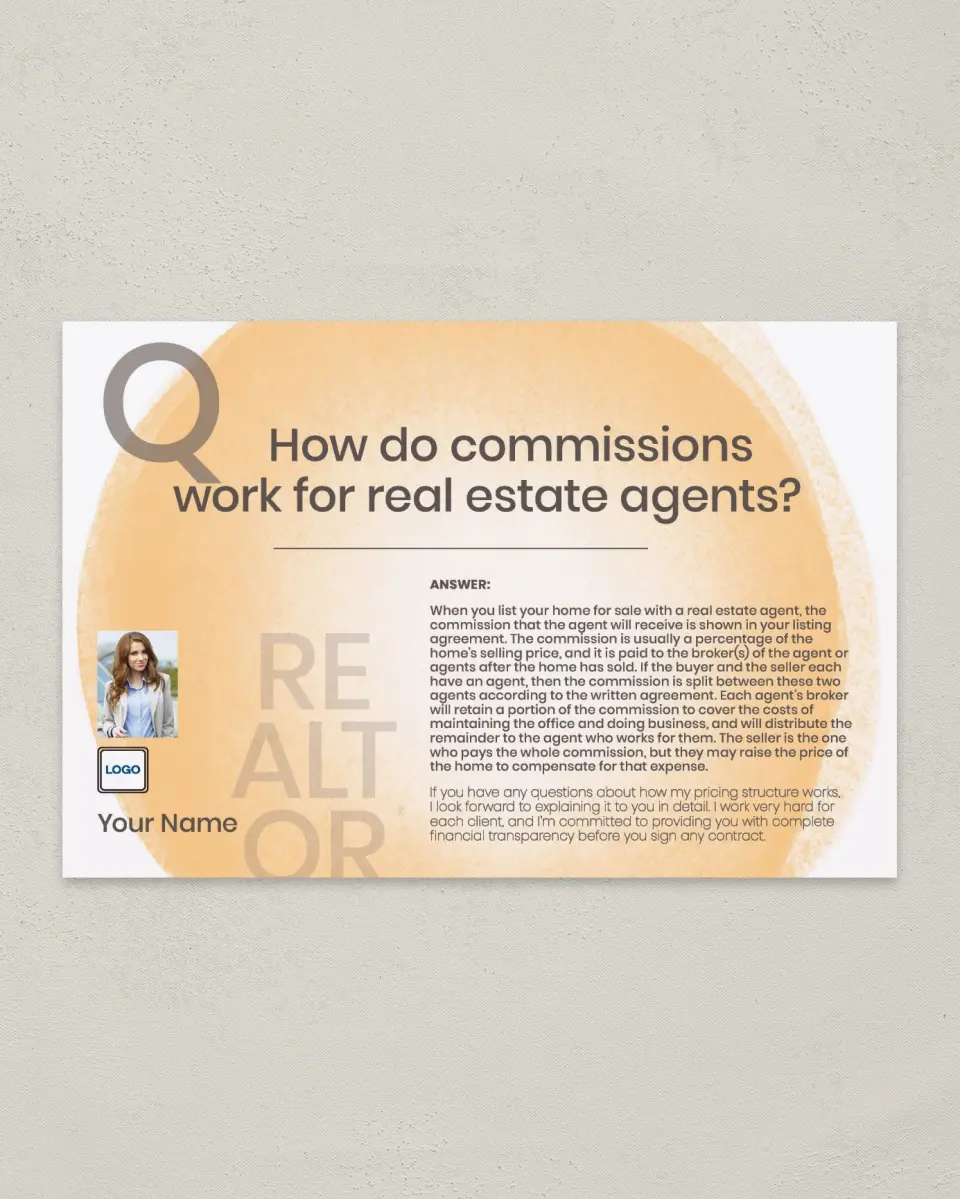 This is a 6" x 9" Postcard called Commissions Explained printed in full color