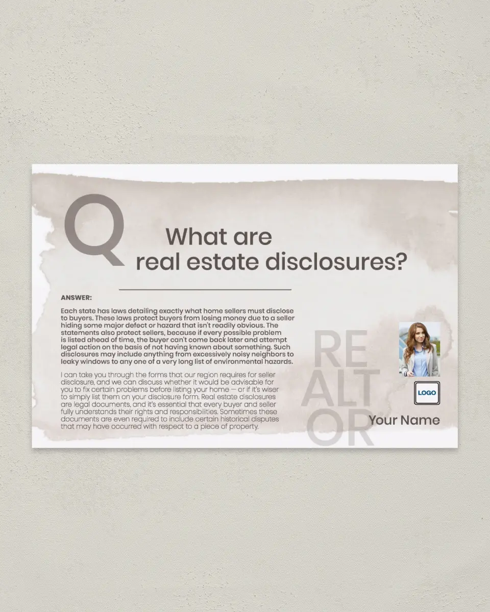 This is a 6" x 9" Postcard called Disclosures Revealed printed in full color