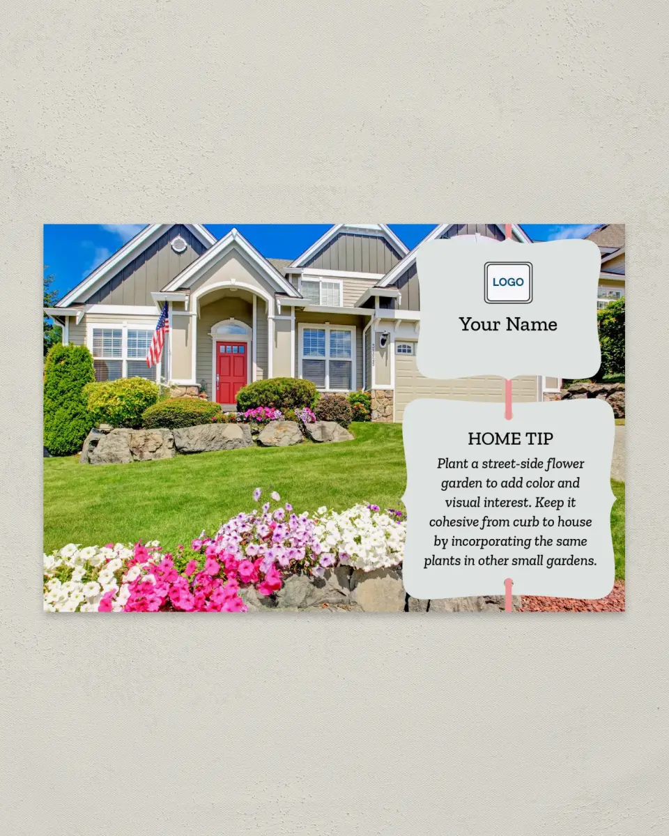 This is a 6" x 9" Postcard called Home Tip - Streetside Garden printed in full color