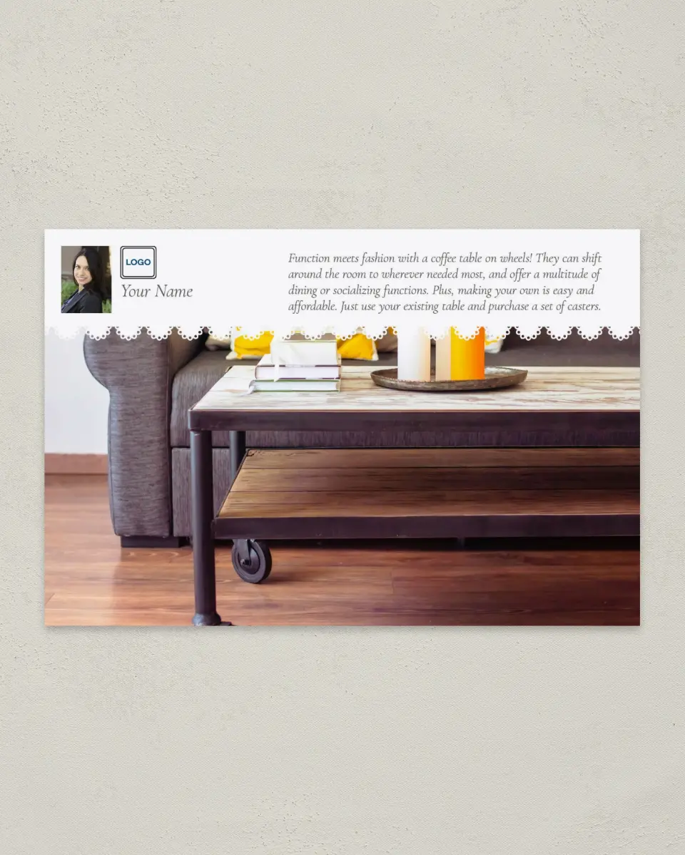 This is a 6" x 9" Postcard called Table on Wheels printed in full color