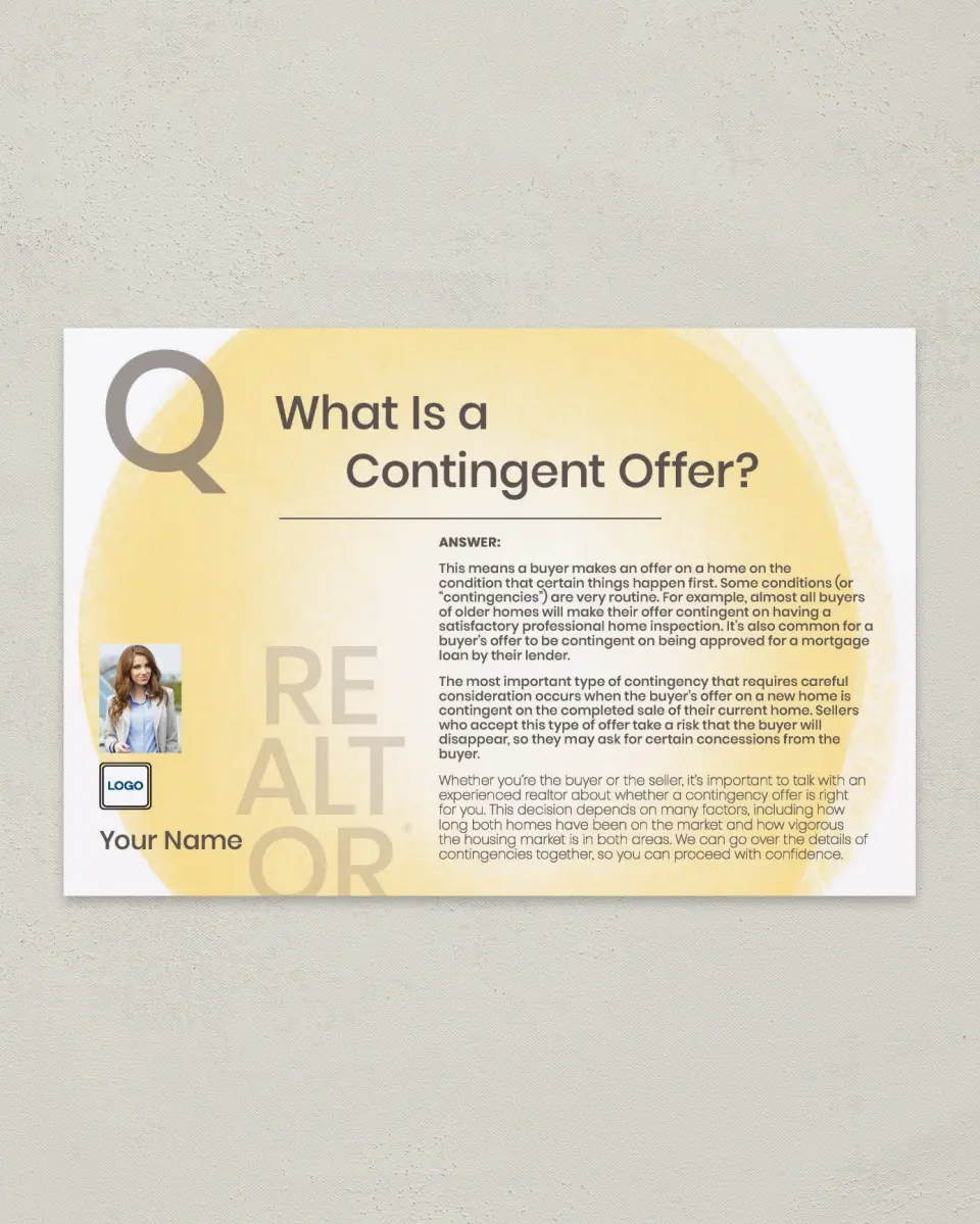 This is a 6" x 9" Postcard called Contingent Offer printed in full color