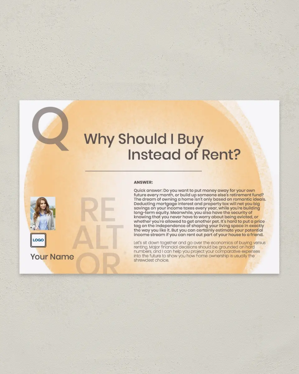 This is a 6" x 9" Postcard called Buy or Rent printed in full color