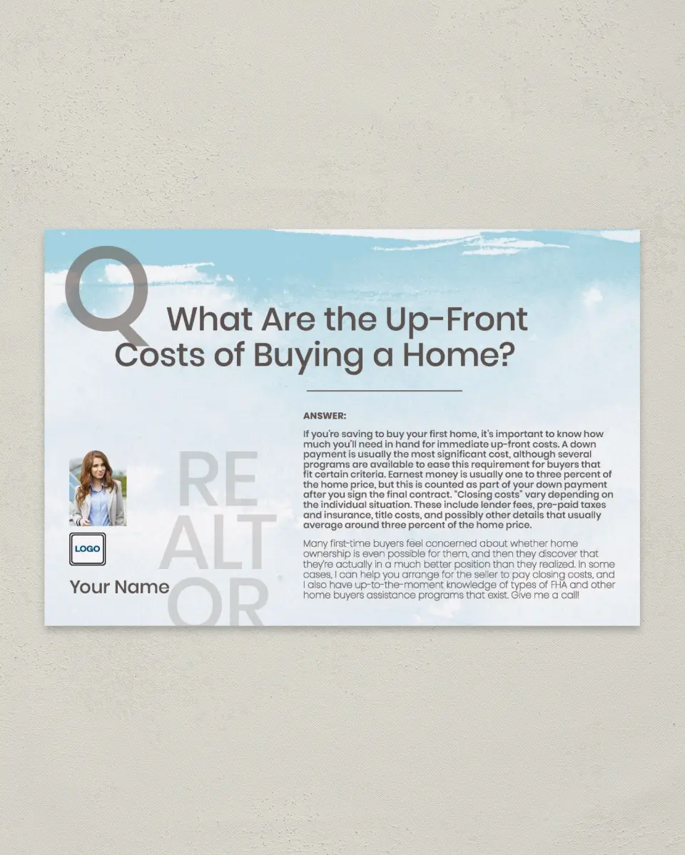This is a 6" x 9" Postcard called Up-Front Costs printed in full color