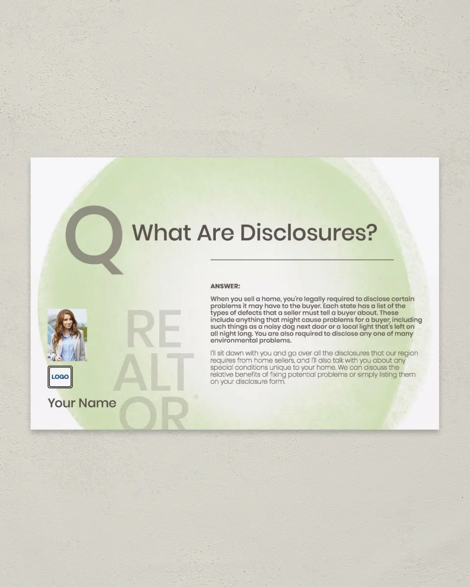 This is a 6" x 9" Postcard called Disclosure Info printed in full color