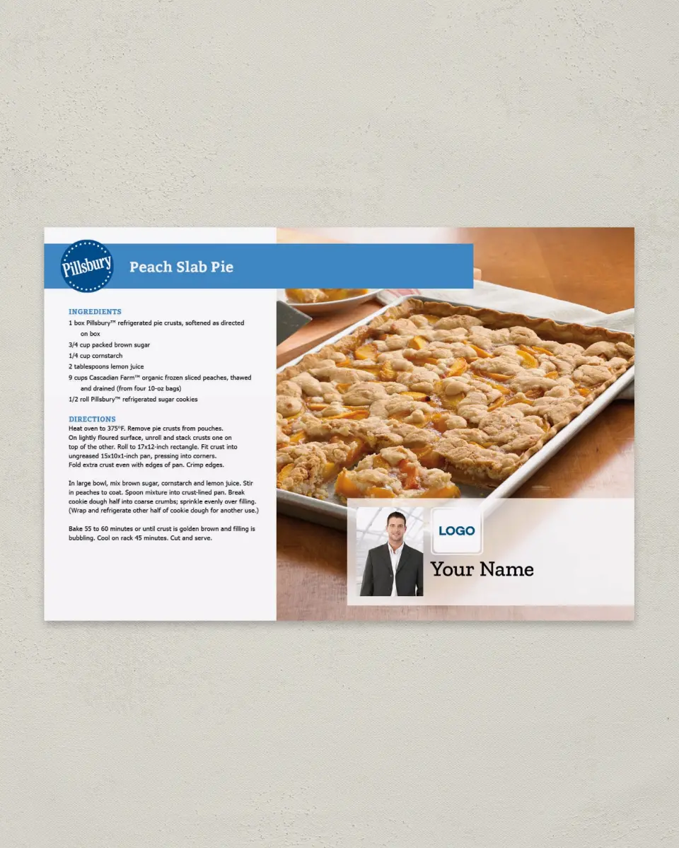 This is a 6" x 9" Postcard called Peach Slab Pie printed in full color