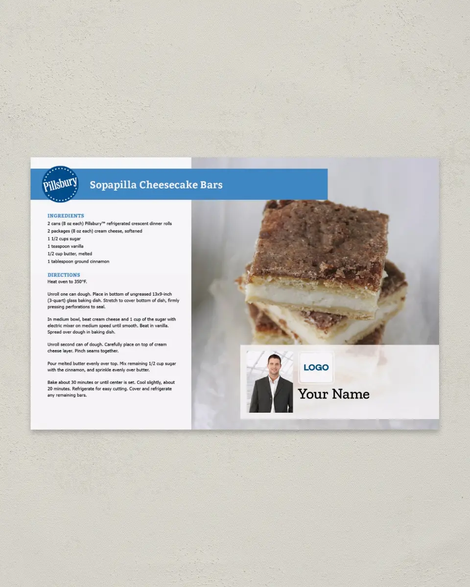 This is a 6" x 9" Postcard called Sopapilla Cheesecake Bars printed in full color