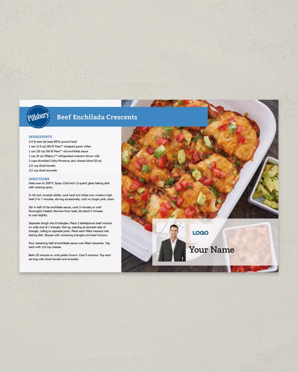 This is a 6" x 9" Postcard called Beef Enchilada Cresents printed in full color