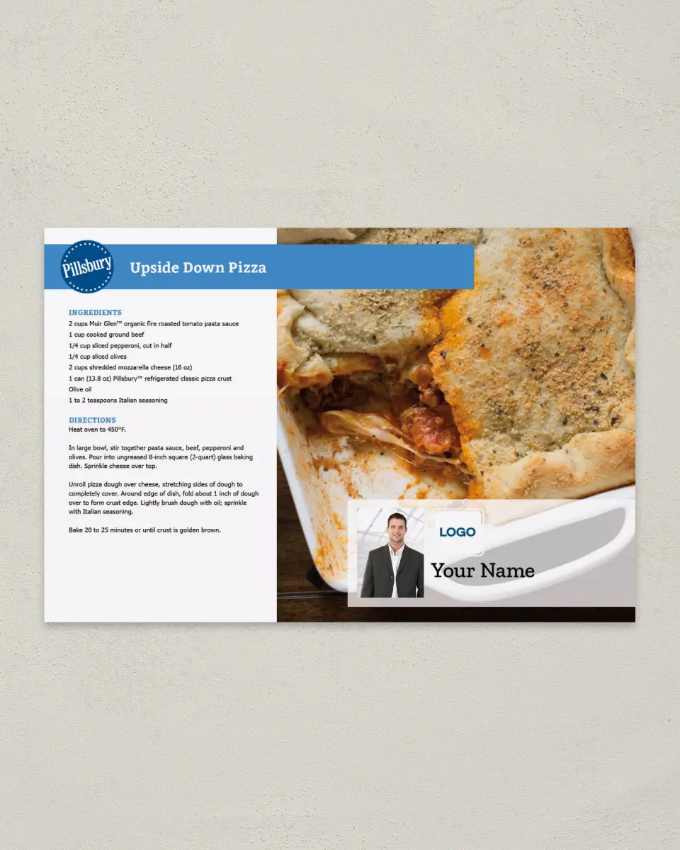 This is a 6" x 9" Postcard called Upside Down Pizza printed in full color